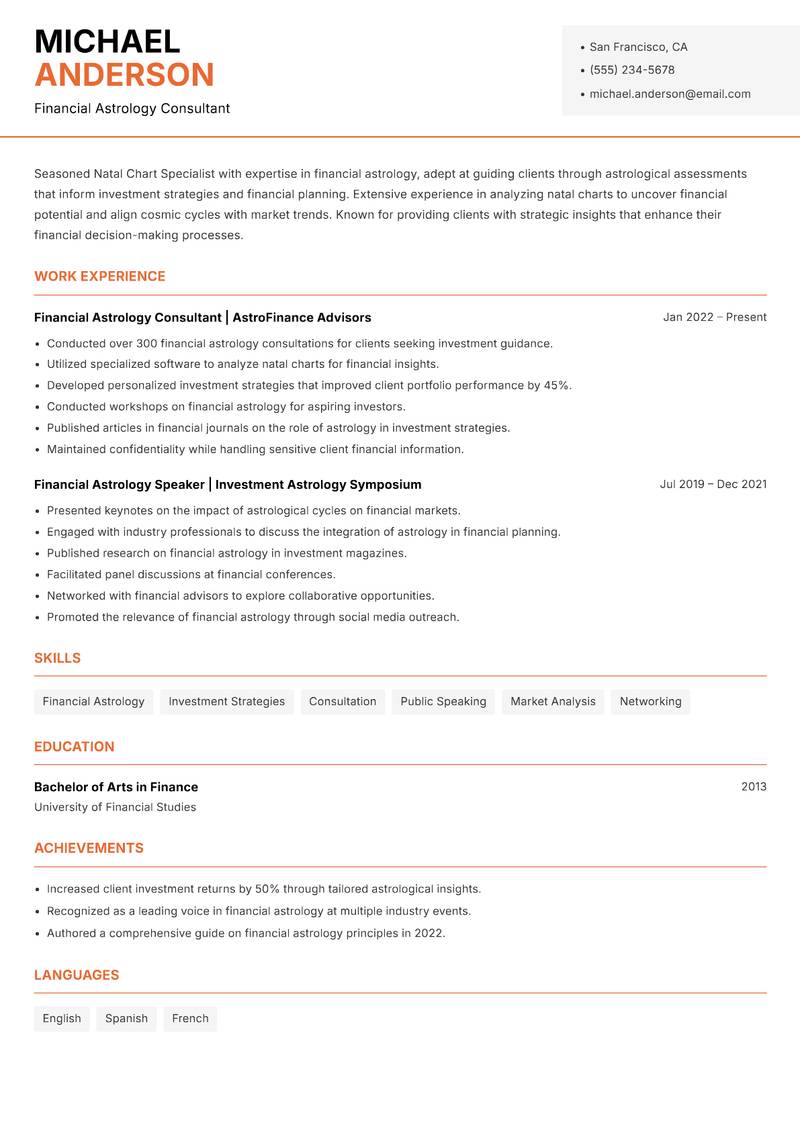 Natal Chart Specialist resume sample — Financial Astrology Consultant focus