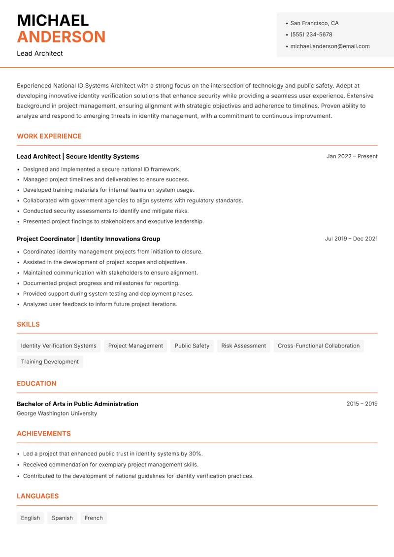 National ID Systems Architect resume sample — Lead Architect focus