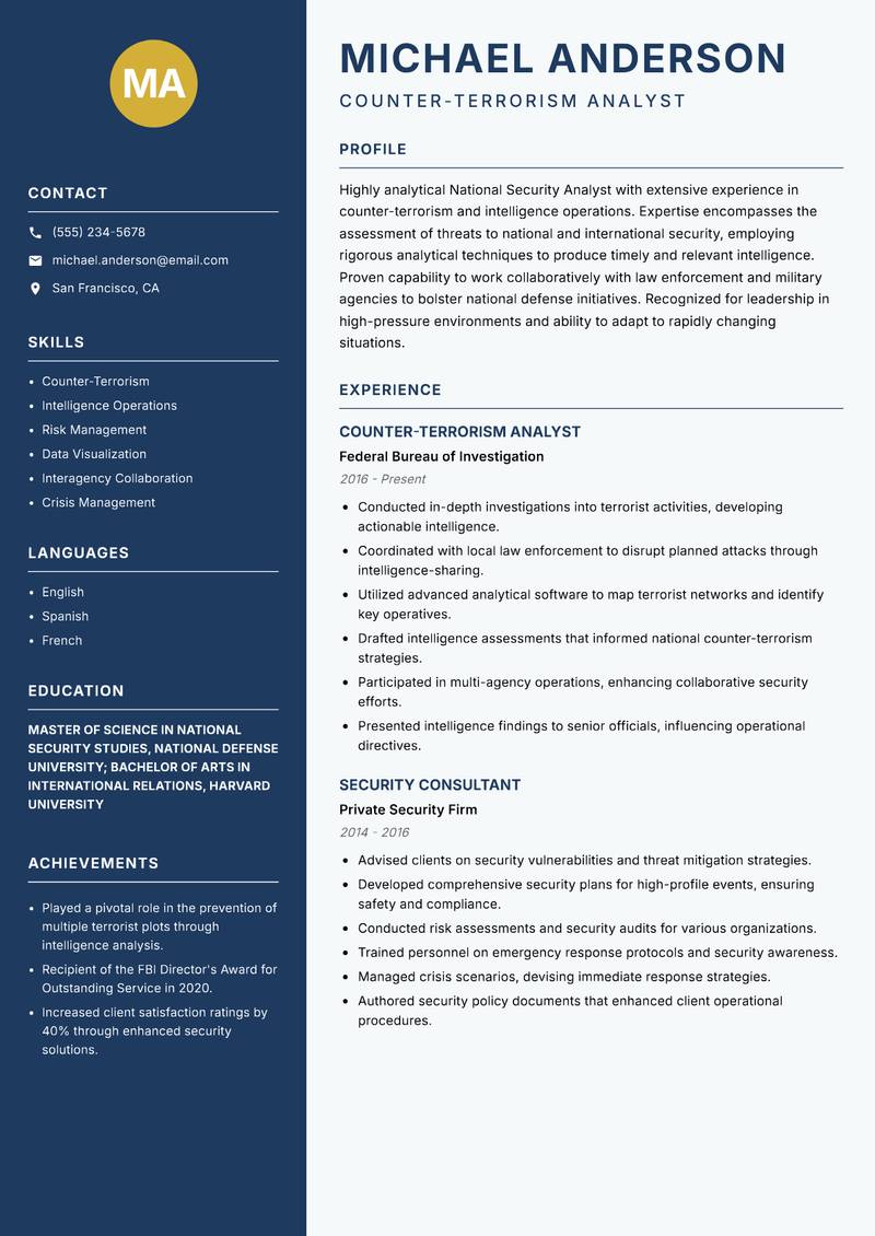 National Security Analyst resume sample — Counter-Terrorism Analyst focus
