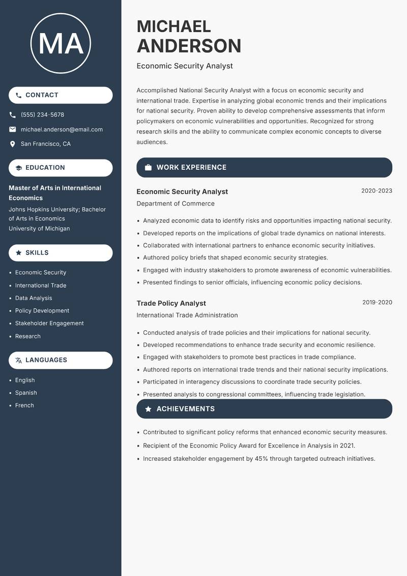 National Security Analyst resume sample — Economic Security Analyst focus