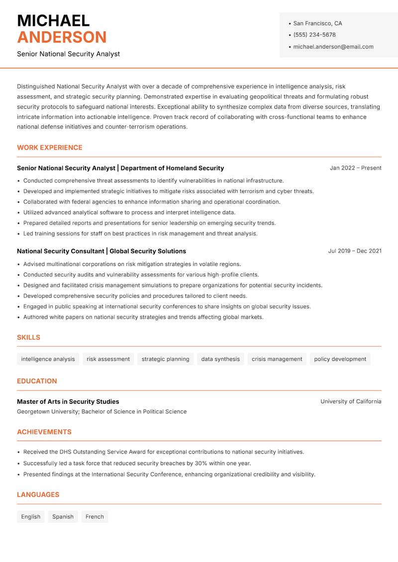 National Security Analyst resume sample — Senior National Security Analyst focus