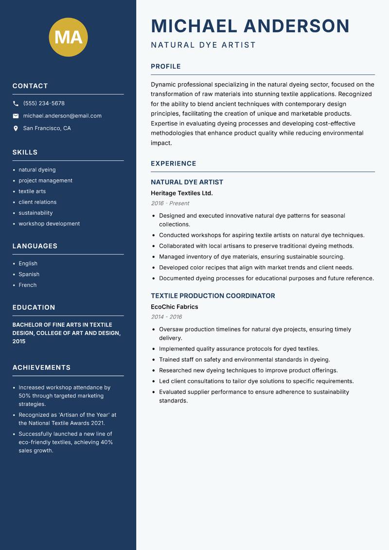 Natural Dyeing Specialist resume sample — Natural Dye Artist focus