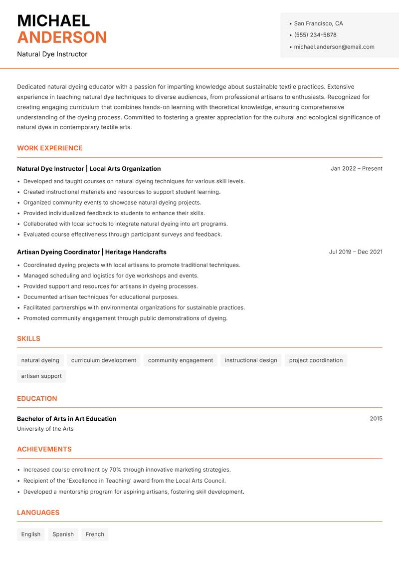 Natural Dyeing Specialist resume sample — Natural Dye Instructor focus