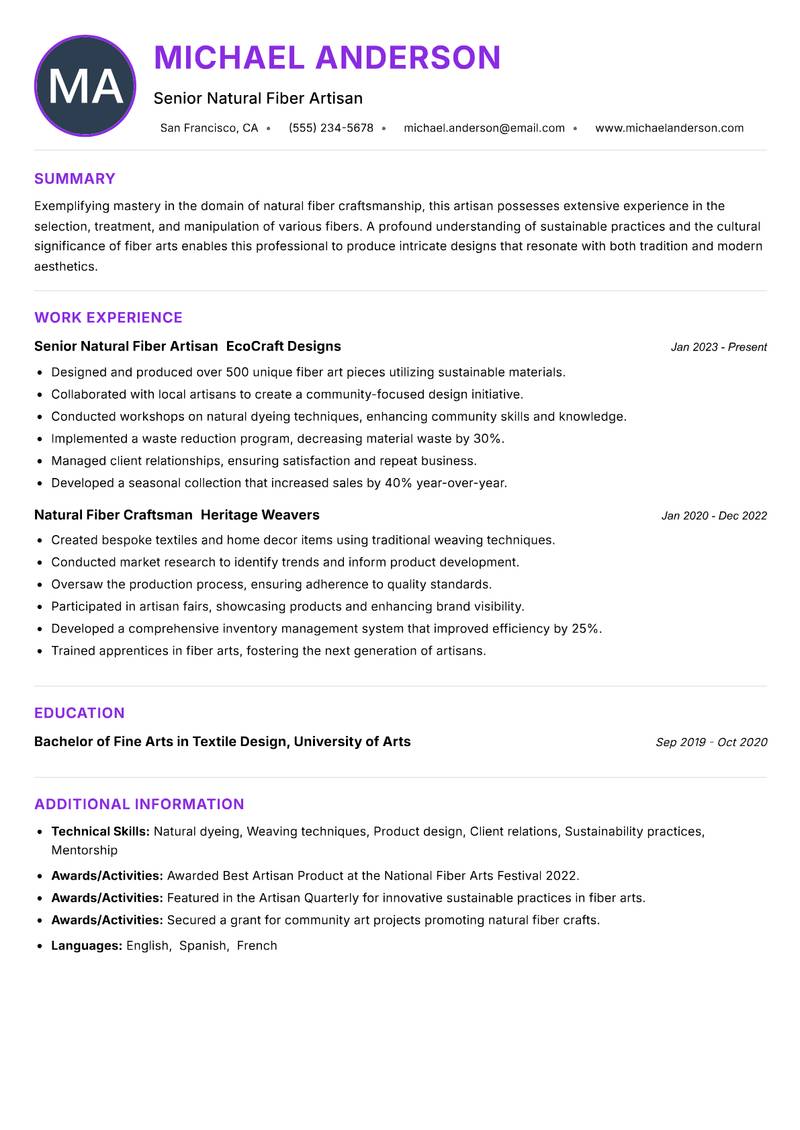 Natural Fiber Craft Artisan resume example