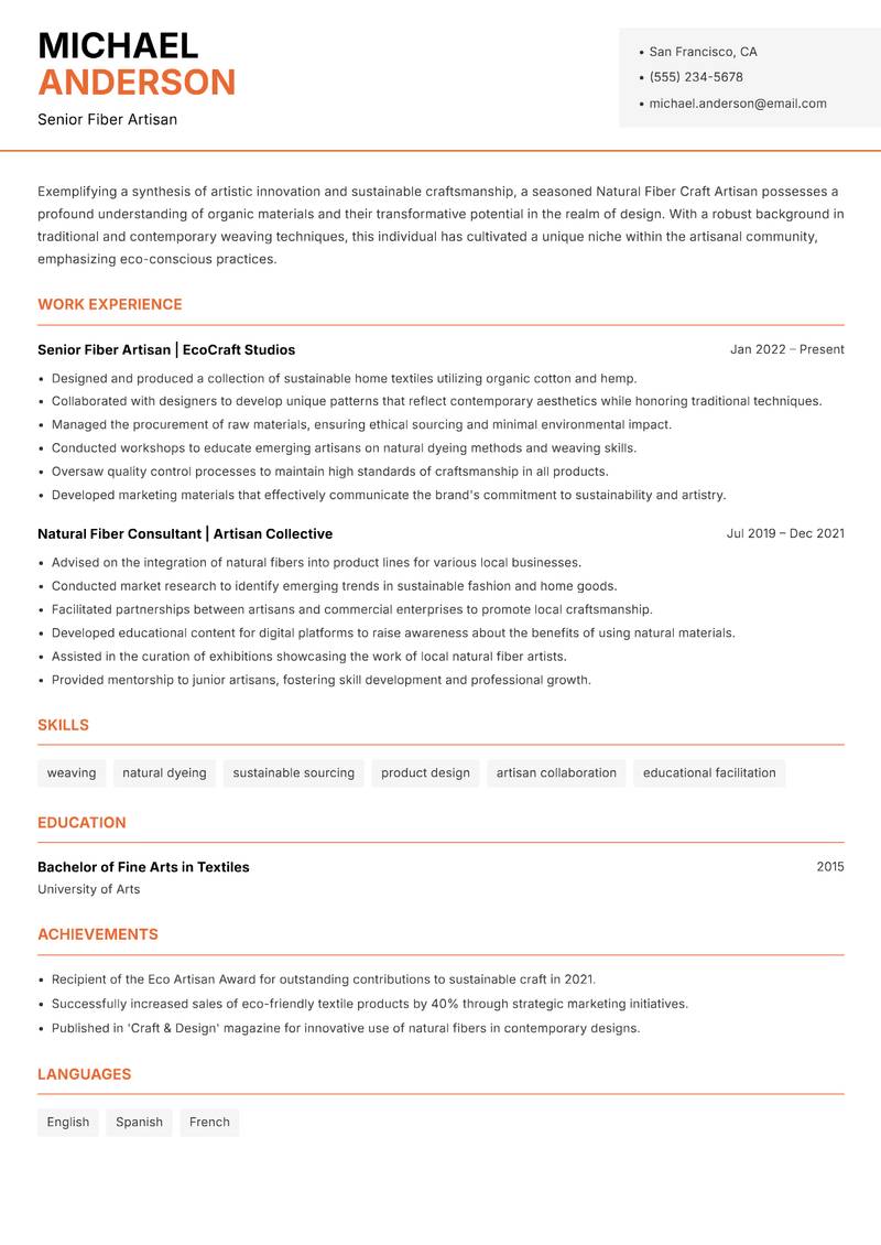 Natural Fiber Craft Artisan resume sample — Senior Fiber Artisan focus