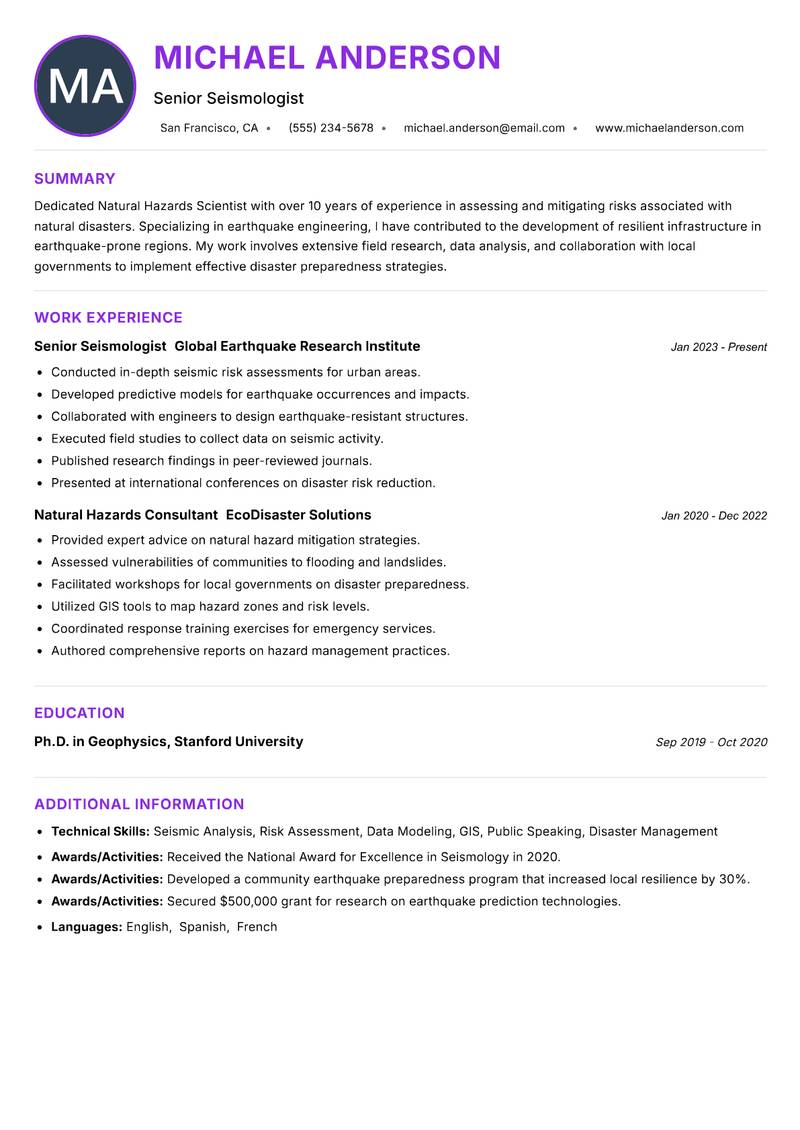 Natural Hazards Scientist resume example