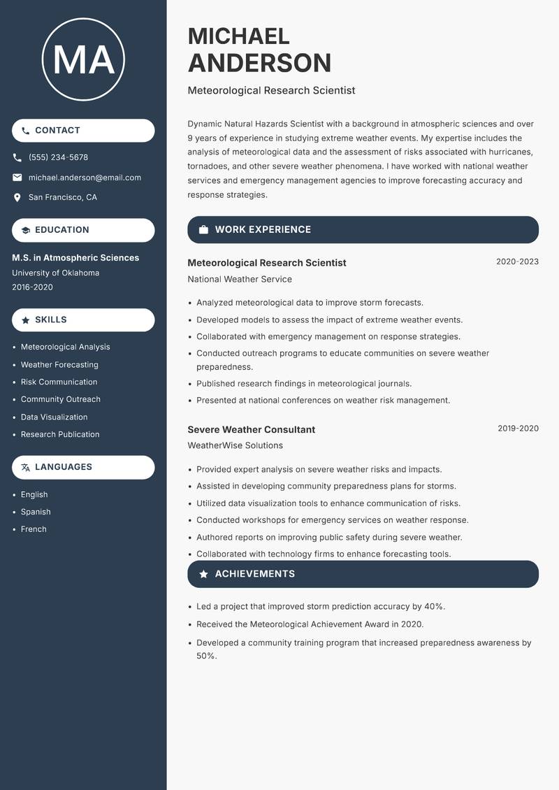 Natural Hazards Scientist resume sample — Meteorological Research Scientist focus