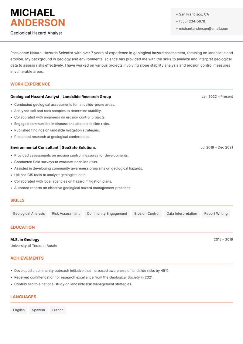 Natural Hazards Scientist resume sample — Geological Hazard Analyst focus
