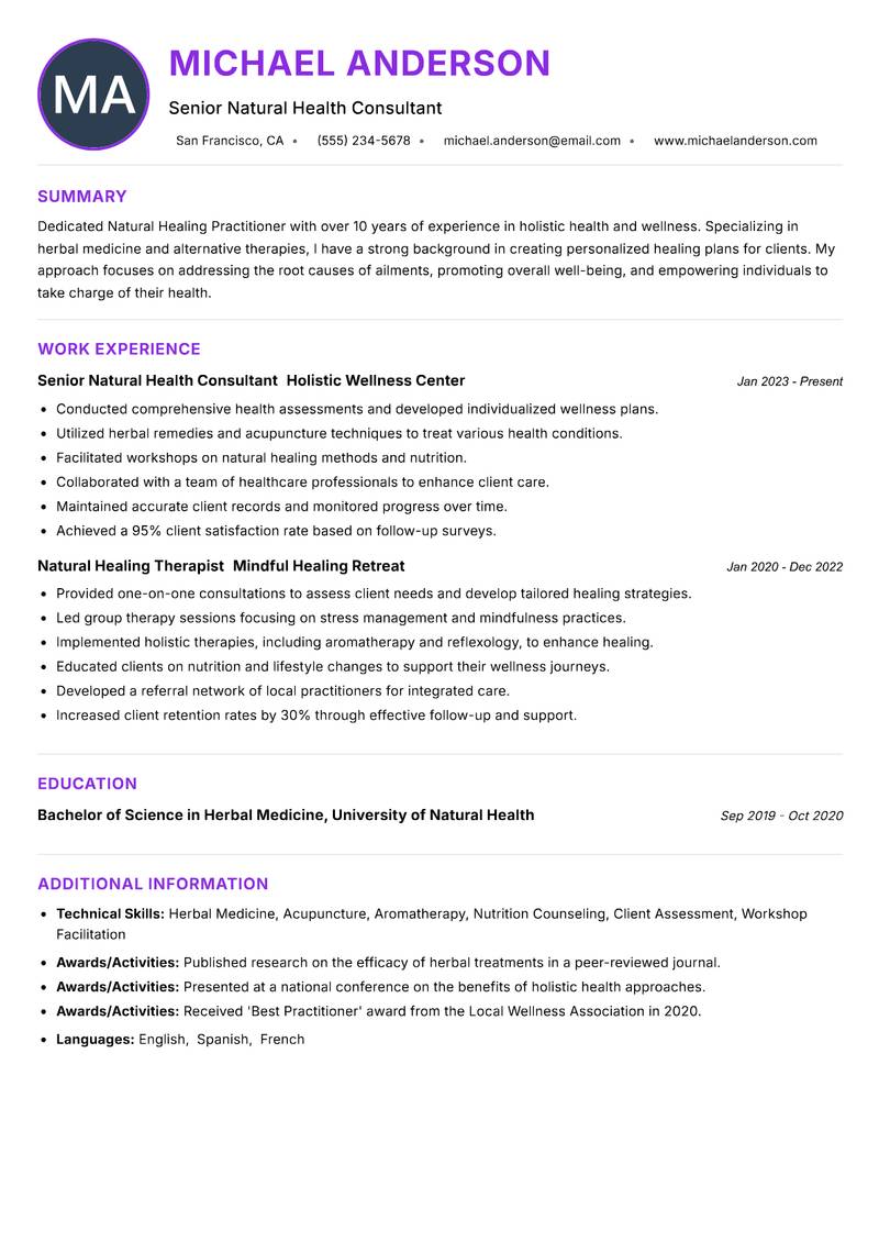 Natural Healing Practitioner resume example