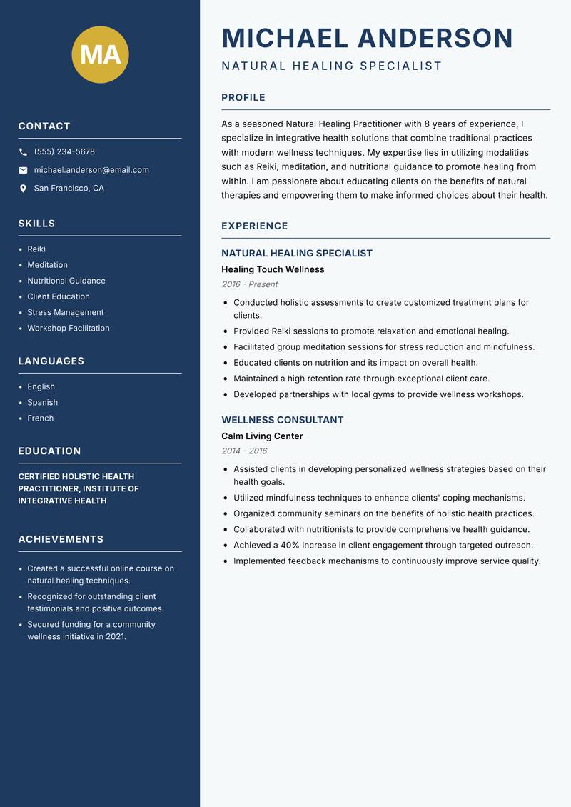 Natural Healing Practitioner resume sample — Natural Healing Specialist focus