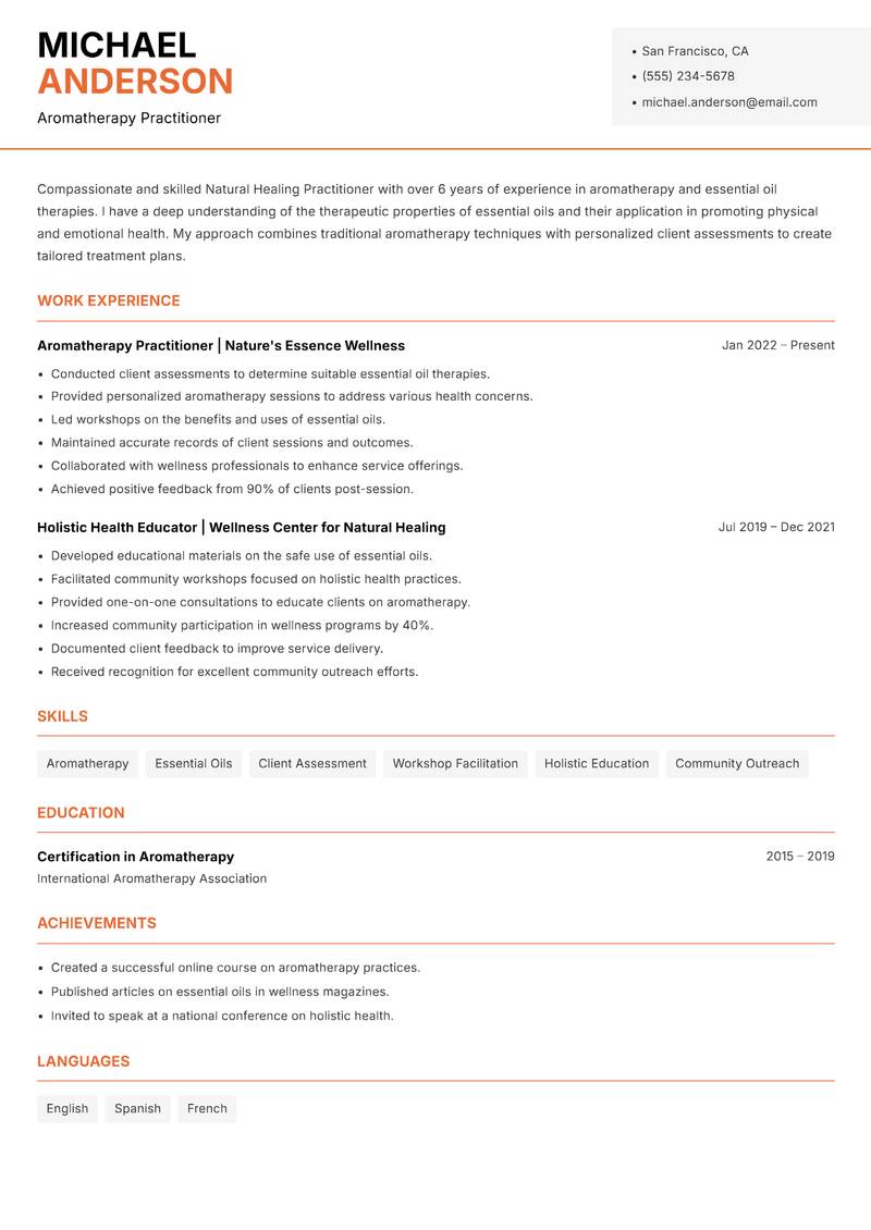 Natural Healing Practitioner resume sample — Aromatherapy Practitioner focus