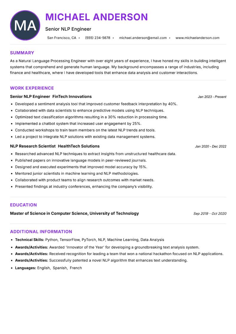 Natural Language Processing Engineer resume example