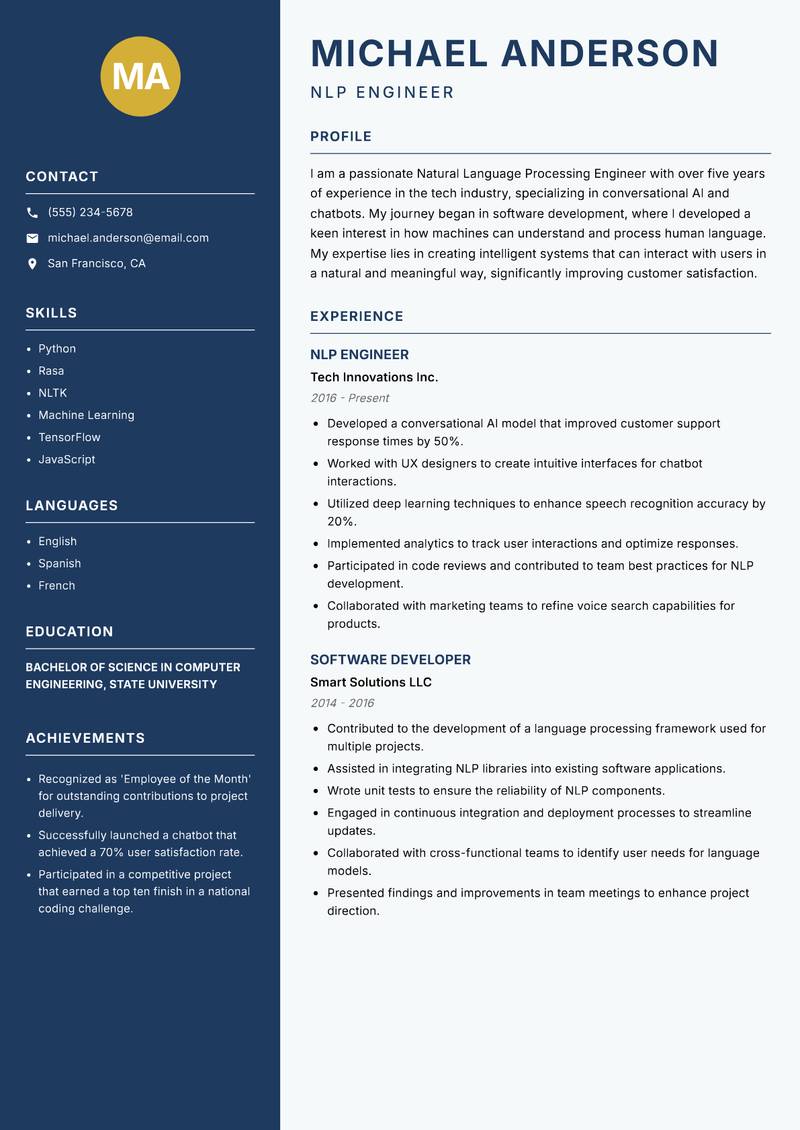 Natural Language Processing Engineer resume sample — NLP Engineer focus