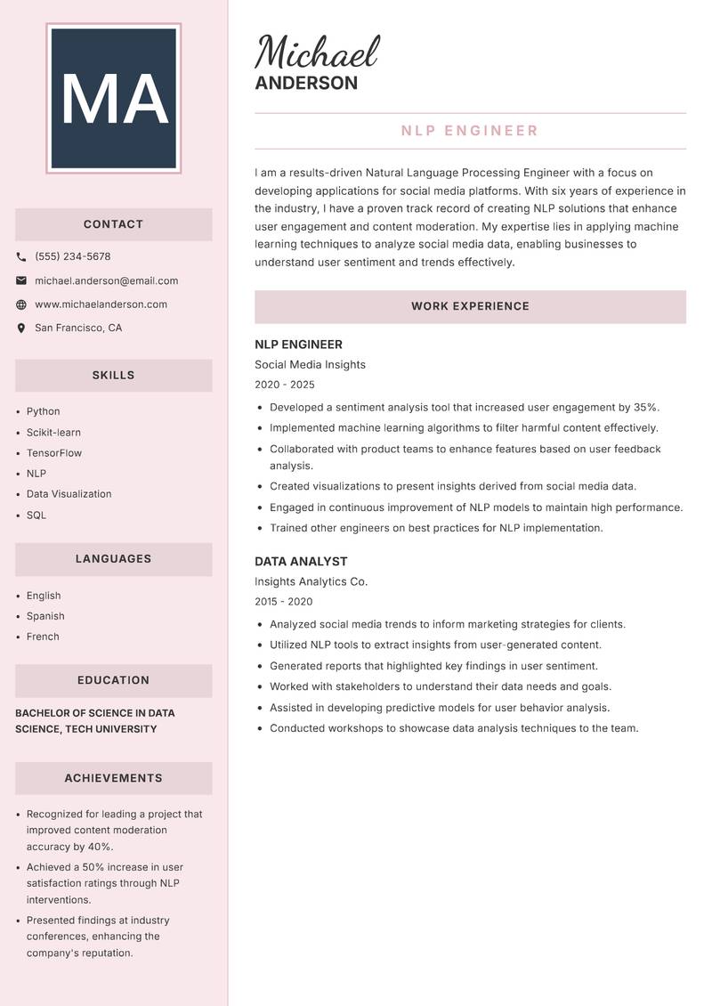 Natural Language Processing Engineer resume sample — NLP Engineer focus
