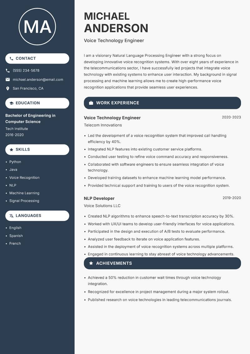 Natural Language Processing Engineer resume sample — Voice Technology Engineer focus