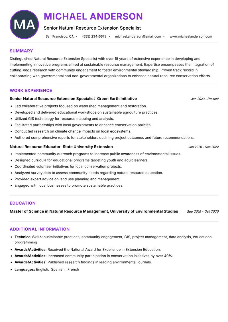 Natural Resource Extension Specialist resume example