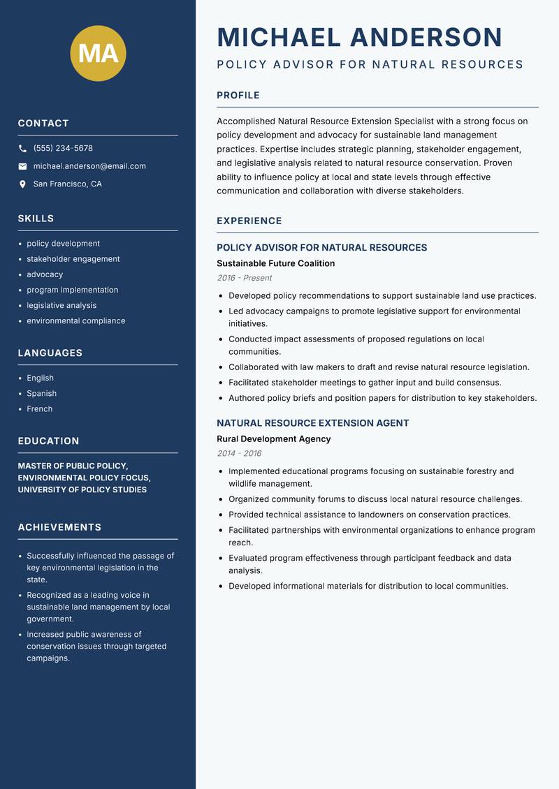 Natural Resource Extension Specialist resume sample — Policy Advisor for Natural Resources focus