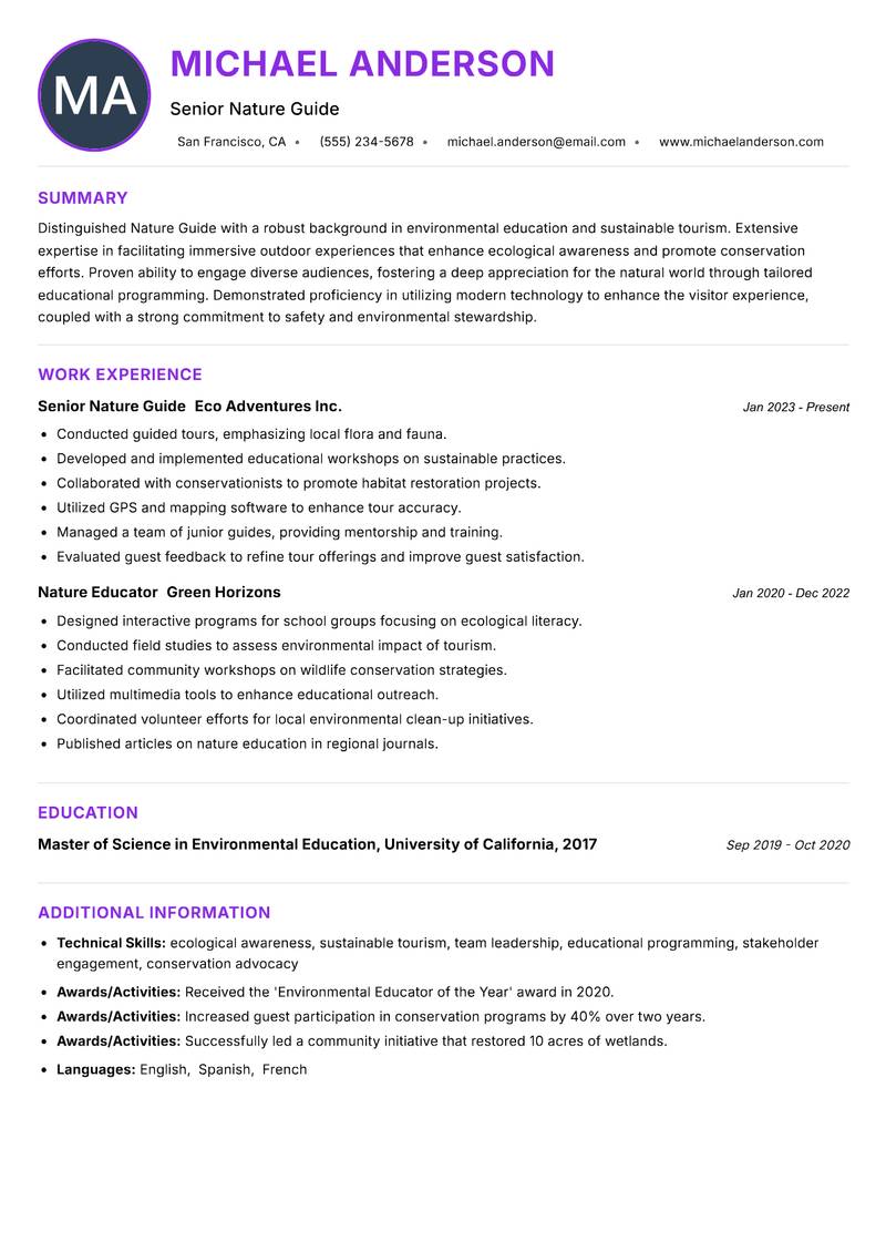Nature Guide resume example