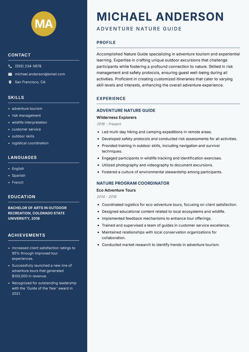 Nature Guide resume sample — Adventure Nature Guide focus