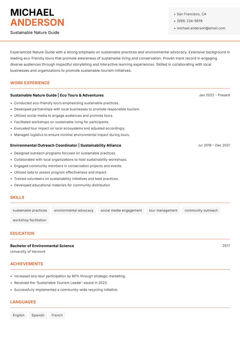 Nature Guide resume sample — Sustainable Nature Guide focus