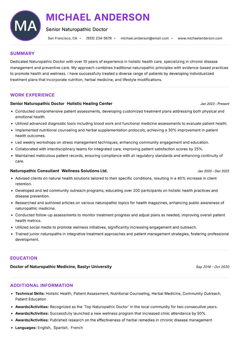 Naturopathic Doctor resume example