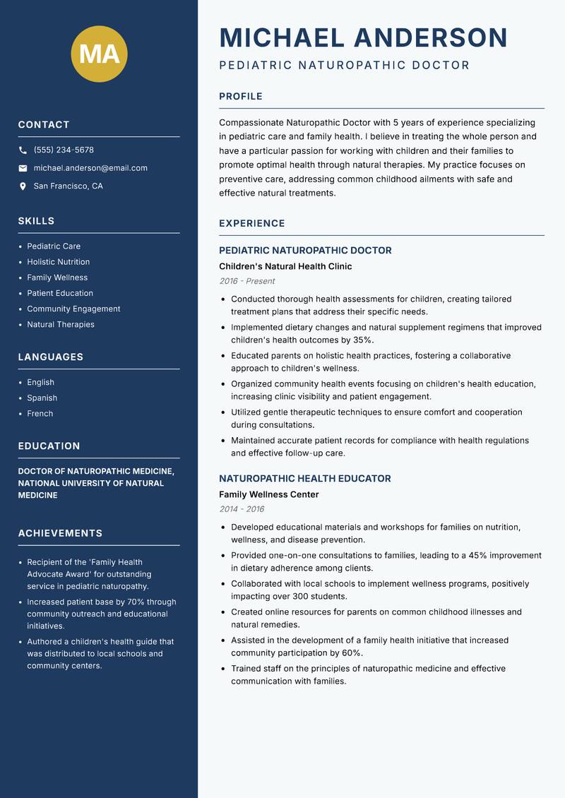 Naturopathic Doctor resume sample — Pediatric Naturopathic Doctor focus