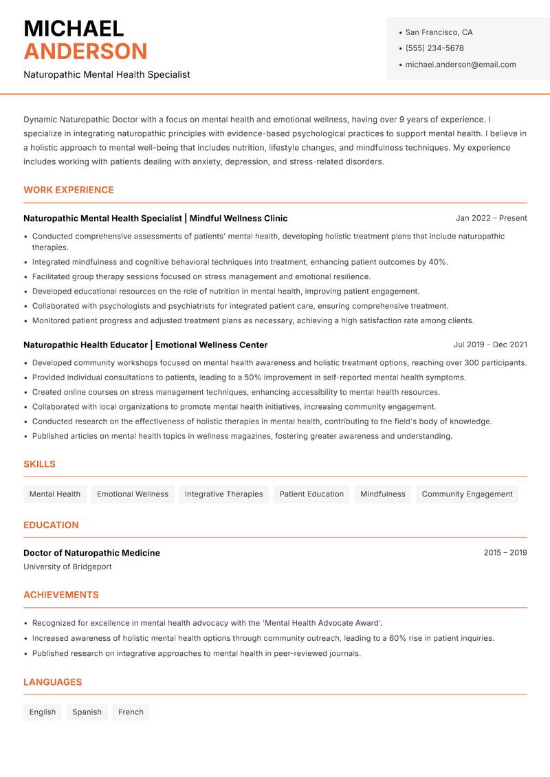 Naturopathic Doctor resume sample — Naturopathic Mental Health Specialist focus