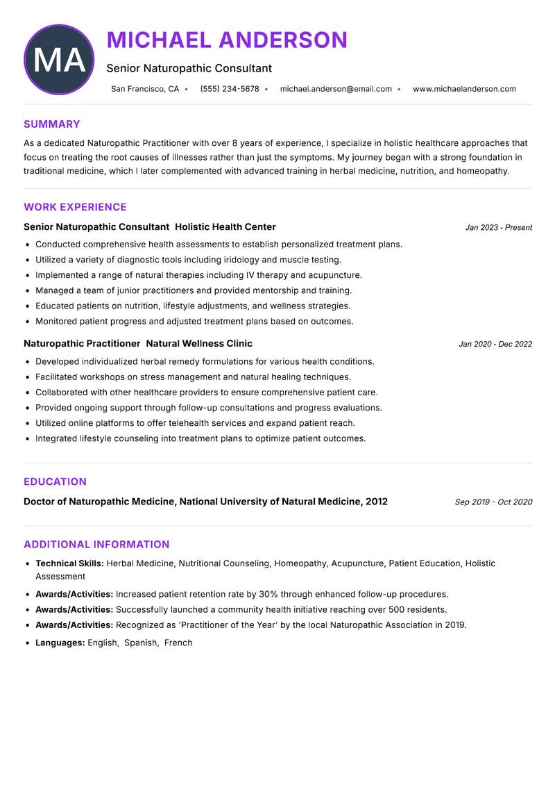 Naturopathic Practitioner resume example