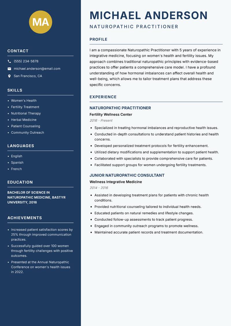 Naturopathic Practitioner resume sample — Naturopathic Practitioner focus