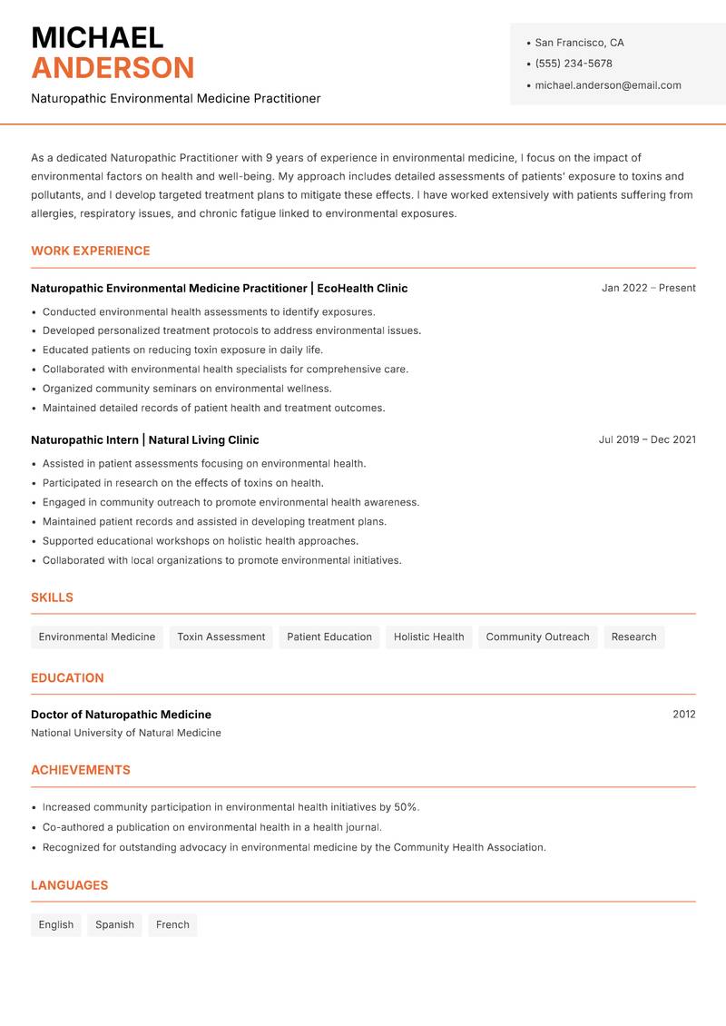 Naturopathic Practitioner resume sample — Naturopathic Environmental Medicine Practitioner focus