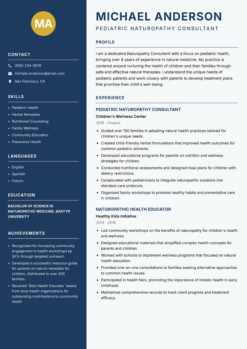 Naturopathy Consultant resume sample — Pediatric Naturopathy Consultant focus