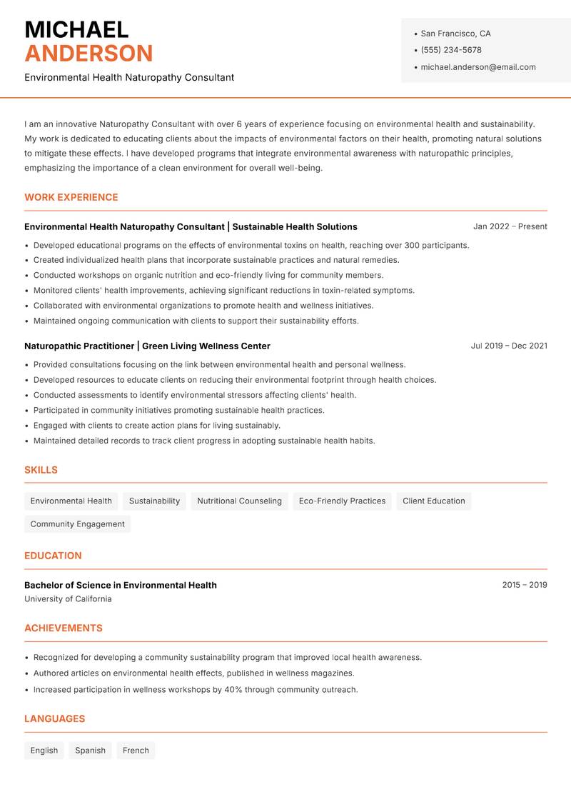 Naturopathy Consultant resume sample — Environmental Health Naturopathy Consultant focus