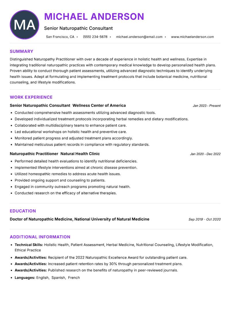 Naturopathy Practitioner resume example