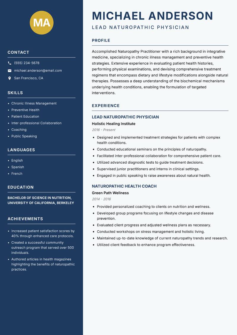 Naturopathy Practitioner resume sample — Lead Naturopathic Physician focus