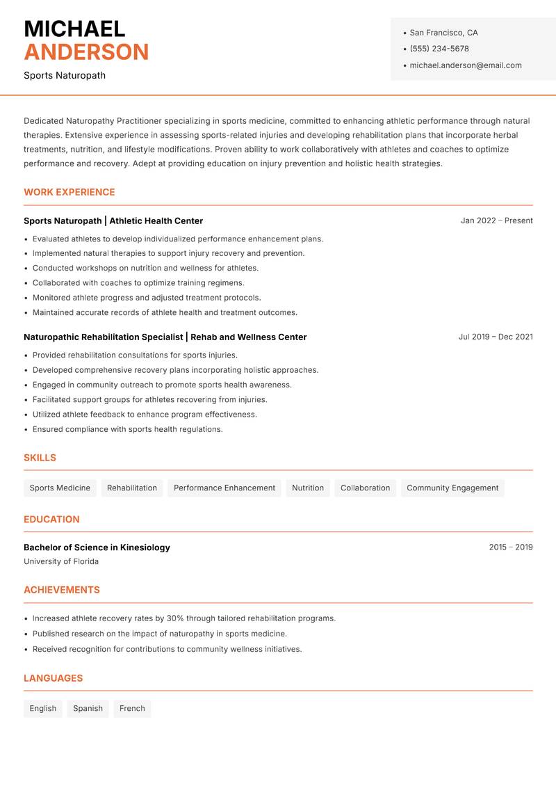 Naturopathy Practitioner resume sample — Sports Naturopath focus