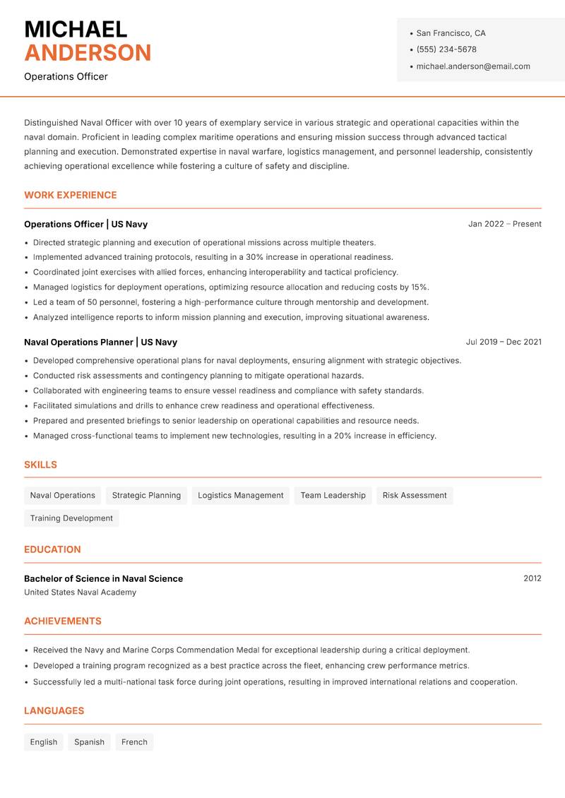 Naval Officer resume sample — Operations Officer focus