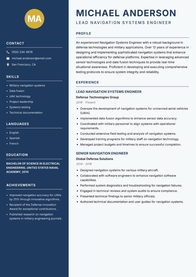Navigation Systems Engineer resume sample — Lead Navigation Systems Engineer focus