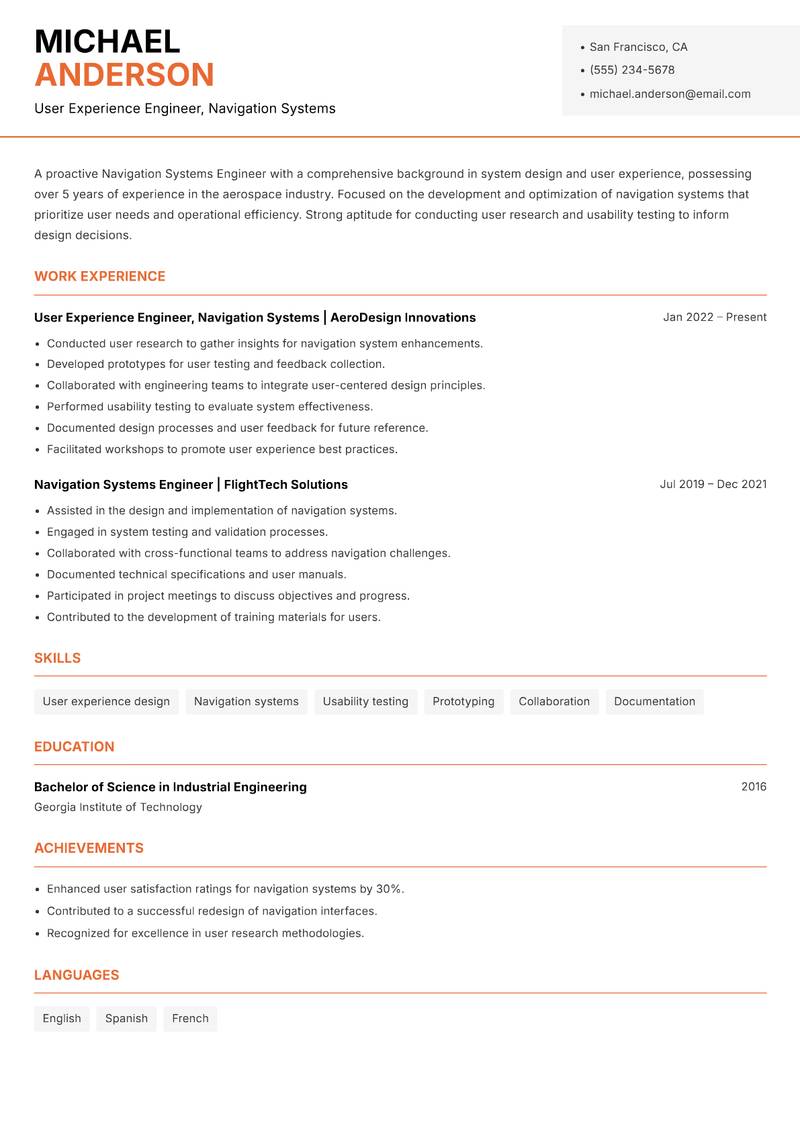 Navigation Systems Engineer resume sample — User Experience Engineer, Navigation Systems focus