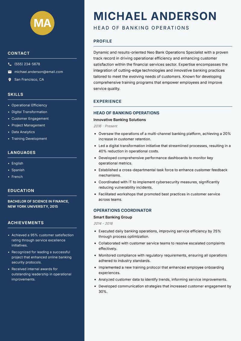 Neo Bank Operations Specialist resume sample — Head of Banking Operations focus