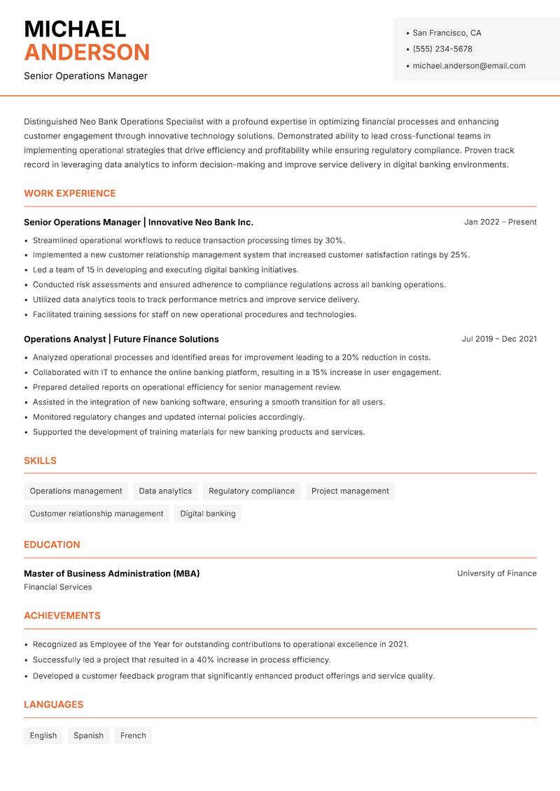 Neo Bank Operations Specialist resume sample — Senior Operations Manager focus