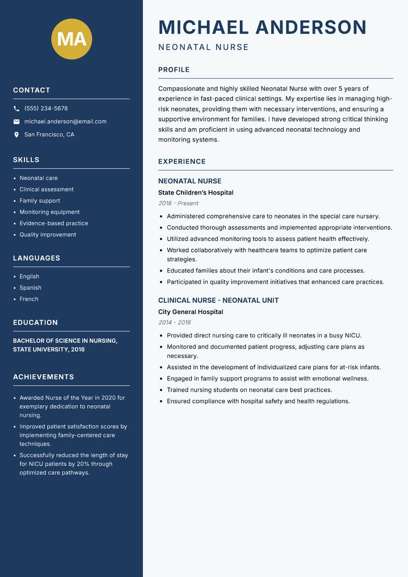 Neonatal Nurse resume sample — Neonatal Nurse focus
