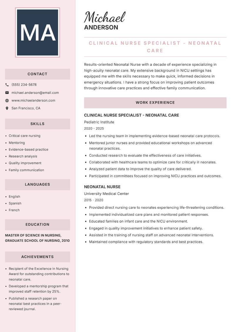 Neonatal Nurse resume sample — Clinical Nurse Specialist - Neonatal Care focus