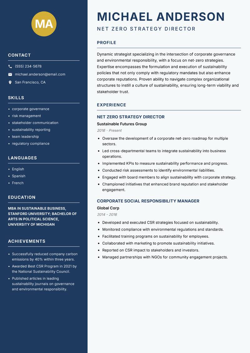 Net Zero Strategy Manager resume sample — Net Zero Strategy Director focus