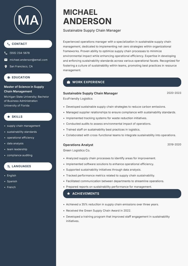 Net Zero Strategy Manager resume sample — Sustainable Supply Chain Manager focus