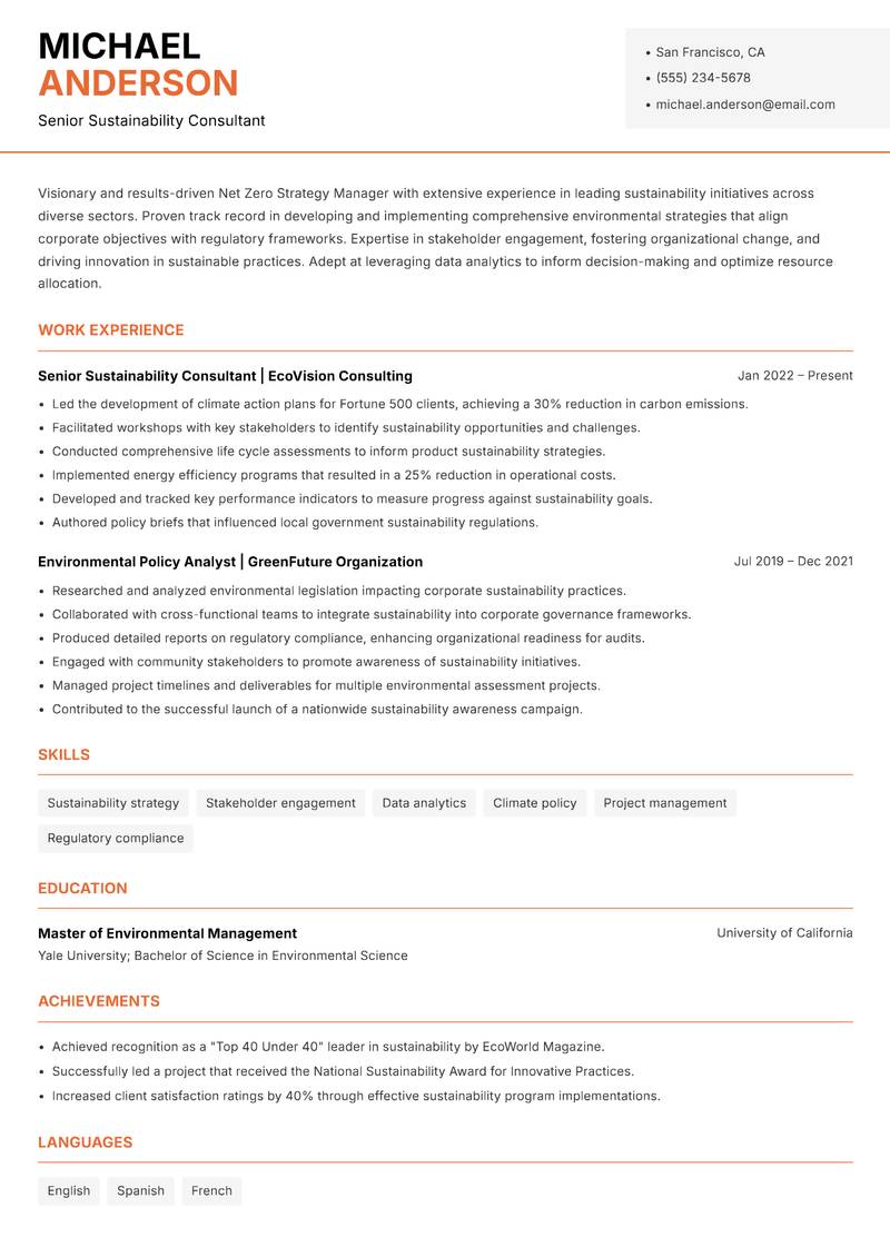 Net Zero Strategy Manager resume sample — Senior Sustainability Consultant focus