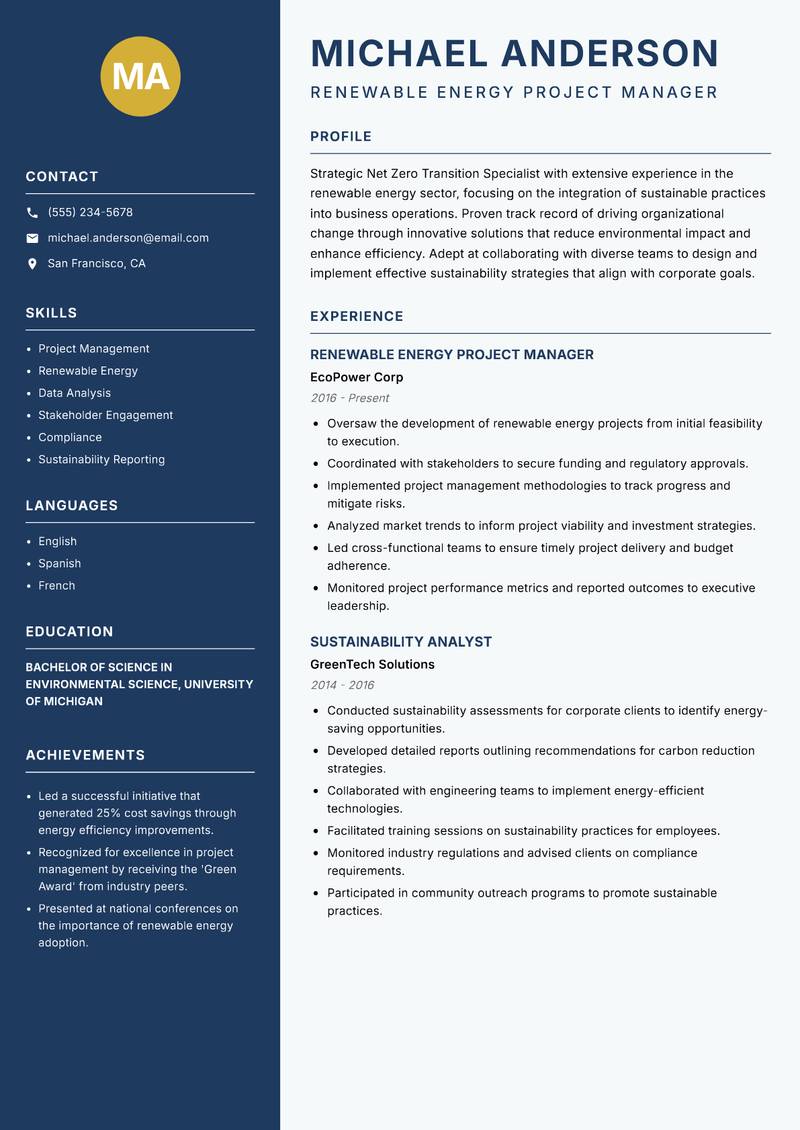 Net Zero Transition Specialist resume sample — Renewable Energy Project Manager focus