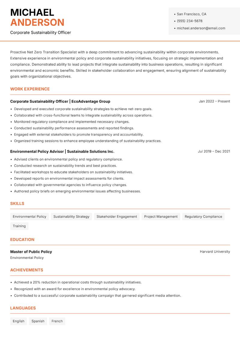 Net Zero Transition Specialist resume sample — Corporate Sustainability Officer focus