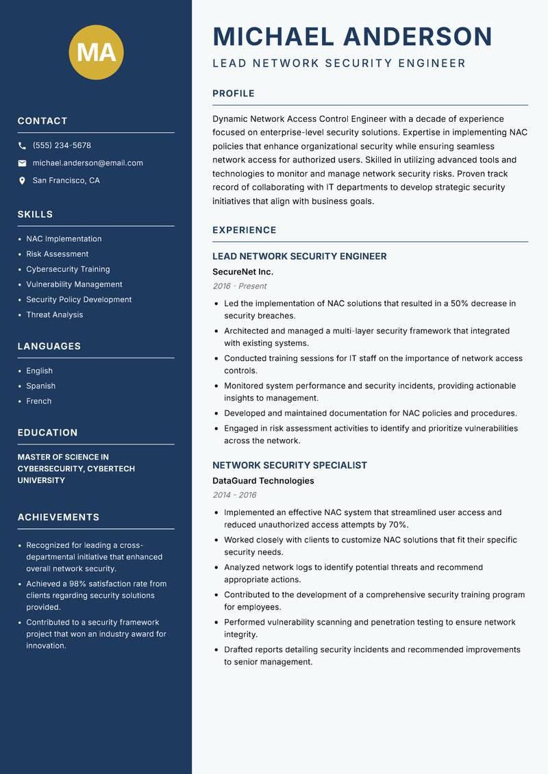 Network Access Control Engineer resume sample — Lead Network Security Engineer focus