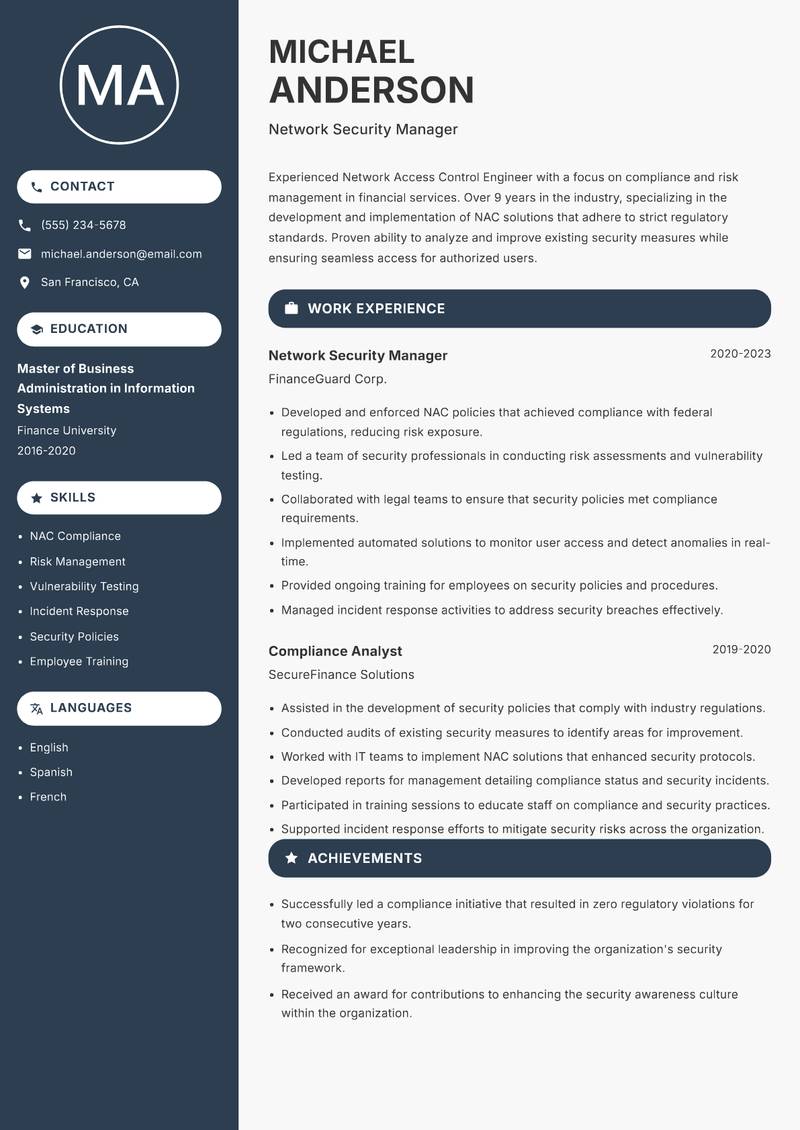 Network Access Control Engineer resume sample — Network Security Manager focus