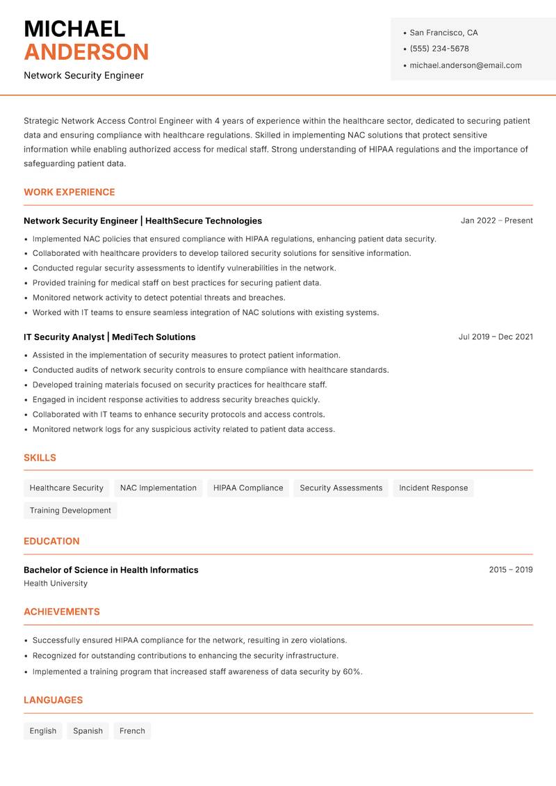 Network Access Control Engineer resume sample — Network Security Engineer focus